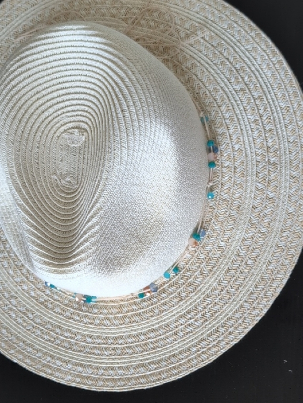 Sun & Sand SPF 50 Wide Brim Straw Sun Hat with Turquoise Bead Trim In Cream - Picture 2 of 4